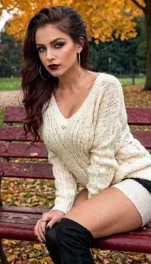 Voyeuristic view, promiscuous alternative woman in sexy, (white sweater), black jeans and, (black high heels), sitting on a bench in an evening fall park, her alternative image attracts attention and turns heads in this fall park, (Realistic woman), 40 years old, long disheveled black hair in a bun, sexy beautiful realistic face, ear piercings, (perfect green eyes), realistic big eyes, green eye shadow, black mascara dripping from eyes, sexy lips, (burgundy lipstick), sexy seductive look, sexy body, small sized boobs, natural breasts, perfect hands, white nail polish, bringing fingers to lips, perfect realistic skin, park bench, dim light, high quality, realistic Photo, action shot, scruffy, red, hair, piercing, earrings, perfect, realistic, big, green, eyeshadow, mascara, sexy, lips, lipstick, beautiful, body, natural, boobs, hands, skin, country, autumn park, light, Coat, Boots, Black
