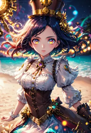 A steampunk screenshot of a girl wearing andress on a beach at night. Looking at viewer, beautiful detailed eyes, bokeh, depth blur . anime style, key visual, vibrant, studio anime, highly detailed
