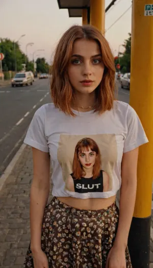 Bir petite, 25 yaşındaki bir kadın otobüs durağında durdu, kıyafetleri 1990'lı yıllardaki porno yıldızının fotoğrafını çekti. O, fırsat için çok kısa olan bir etek giyiyordu ve büyük bir büyük sahip oldu