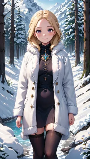 Eine Frau in einem weißen Pelzmantel ging durch die unberührte Winterlandschaft, ihr zarter Schneeengelrahmen und ihre ruhige Ausdruck machen sie aussehen wie eine perfekte Ausführungsform von Glück und Zufriedenheit