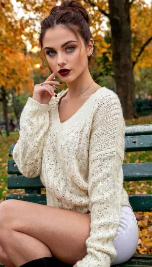 Voyeuristic view, promiscuous alternative woman in sexy, (white sweater), black jeans and, (black high heels), sitting on a bench in an evening fall park, her alternative image attracts attention and turns heads in this fall park, (Realistic woman), 40 years old, long disheveled black hair in a bun, sexy beautiful realistic face, ear piercings, (perfect green eyes), realistic big eyes, green eye shadow, black mascara dripping from eyes, sexy lips, (burgundy lipstick), sexy seductive look, sexy body, small sized boobs, natural breasts, perfect hands, white nail polish, bringing fingers to lips, perfect realistic skin, park bench, dim light, high quality, realistic Photo, action shot, scruffy, red, hair, piercing, earrings, perfect, realistic, big, green, eyeshadow, mascara, sexy, lips, lipstick, beautiful, body, natural, boobs, hands, skin, country, autumn park, light, Coat, Boots, Black