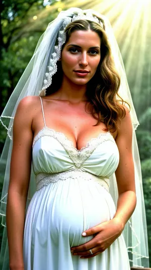 Der alte Filmbestand erfasste den verführerischen Look der schwangeren Braut auf altem Filmmaterial, da sie in einem Sonnenschirm mit ihren Brüsten ausgesetzt war. Die Farben waren lebendig und lebendig, die Essenz der 1970er-Fotografie gefangen. Auf diesem Foto