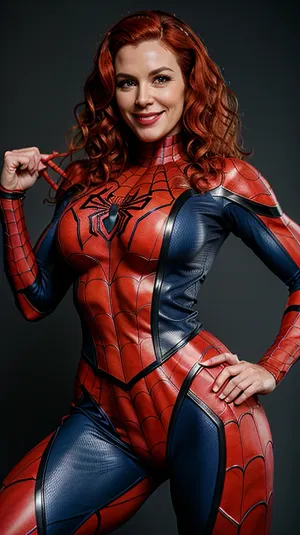 घुंघराले बाल और मांसपेशियों के निर्माण के साथ एक 45 वर्षीय महिला लाल स्पाइडर-मैन पोशाक में प्रस्तुत थी, जिससे वह एक सच्चे सुपरहीरो की तरह दिखती थी। उसकी मुद्रा सेक्सी और उत्तेजक थी, जिससे वह एक सच्चे सुपरहीरो की तरह दिखती थी