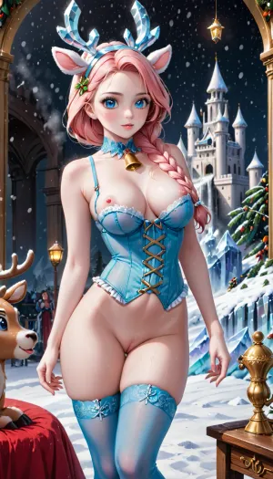 Eine schöne Frau in einem schneeweißen Pferdeschlitten fuhr durch die schneebedeckten Berge, ihre langen Geflüchte strömen hinter ihr. Sie trug einen eisblauen Korsett mit Schneeflocken und eine hohe Qualität, 8k Render. Der Hyper