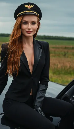 Luxury premier car, young lady driver, black business suit, driver cap, aviator sunglasses, leather gloves, high hill shoes, sexually sitting on the car’s bonnet, Russian girl, 27 yo, sexy and seductive body pose, tall, little body, perfect fit, extra slim, b size bra, noticeable abs, perfect face, very attractive, high cheekbones, makeup, big lips, smiling, long ginger hair, enjoys it, slightly wet hair