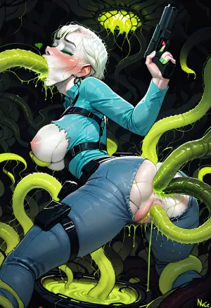The AI-generated porn picture features a 20-year-old blonde woman in a tentacle position with her mouth open and eyes closed. Her thin thighs are exposed, and she has very slim arms and hands. The tentacles are green in color