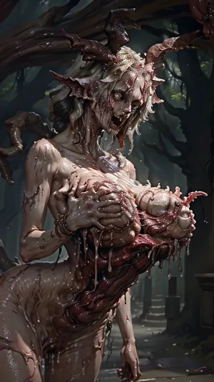 masterpiece, absurdres, high quality, ultra detailed, high resolution, highly illuminated, female monster, huge boobs, skull head with horns, apparent bones, apparent organs, (Bukkake, semen on face, cum on breast:1.5), with a female monster, in a gloomy forest, yinan, <lora:BodHor-V1:.8>, <lora:gloomy-v2:.5>