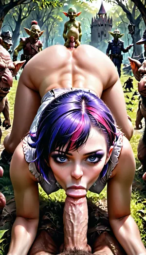 Photorealistic, punk white skin fat Woman, Vi, Makeup, round, ass, on all fours, pubic very hairy, ((on all fours under a goblin and a goblin's penis enters anal)), orgy, goblin cock, oral sex, anal sex, bestiality, zoophilia, l professional photograph, ultra detailed, intricate details, (photorealistic:1.5), 8k, UHD, strong sidelight, contrast, tack sharp, (masterpiece:1), ((front view))