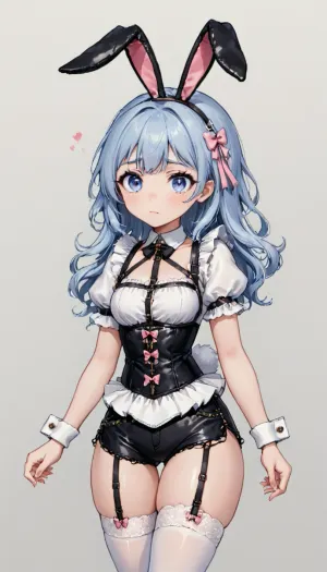 Uma menina em um espartilho de cetim branco com a guarnição de renda e um decote querido, shorts pretos de alta resistência com suspensórios, arnês de escravidão em torno do torso, e punhos de pulso com arcos de dangling