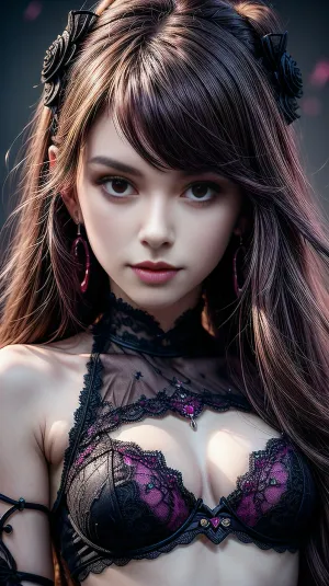 Un impresionante retrato de una hermosa chica en una lencería de encaje rojo con alto escote y guantes, capturado por un fotógrafo profesional usando la última tecnología para capturar cada detalle de su belleza