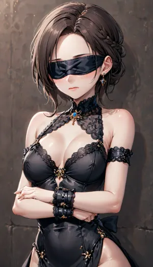 Une jeune femme, vêtue d'une robe noire soyeuse et d'un bandeau satiné, s'assit sur son lit les mains attachées derrière le dos. Elle pouvait sentir le doux bandeau de satin se reposer doucement contre son visage et savait qu'elle allait