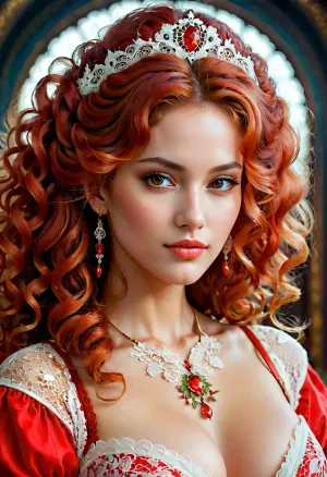 Una giovane donna con un volto perfetto e capelli rossi brillanti seduti davanti a un computer, le sue dita che volano attraverso la tastiera come ha creato un'immagine generata dall'IA di un corpo molto e con ricci lunghi. Indossava filigrana di pizzo