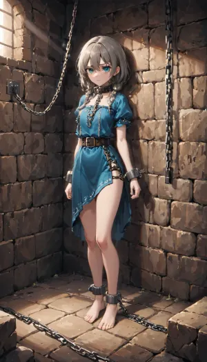 Full Shackles, a girl with flickering torchlight casting shadows across stone walls, was in a dimly lit dungeon with flickering torchlight casting shadows across stone walls. She had been here for days, waiting for someone to come and