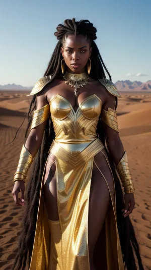 Create a striking image of a fierce and empowered warrior of the sands, embodying strength and resilience. This African queen stands tall and proud in the midst of a vast desert landscape, with golden dunes stretching out to the horizon under a blazing sun. She is adorned in intricately designed golden armor that gleams in the sunlight, showcasing both her battle readiness and regal power. Her hair is styled in long, flowing dreadlocks, adding to her majestic presence. The warrior's expression is one of bold determination and unbreakable spirit, capturing the essence of an epic fantasy hero. The scene is infused with a sense of grace and empowerment, as she stands as a symbol of strength and beauty in the harsh desert environment.