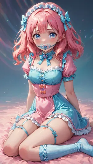 The girl, Pacifier Gag, was adorned with a pastel romper with frilly edges and a satin strap. The blue pacifier gag enhanced her playful and visually soft aesthetic, making it ideal for light power-exchange