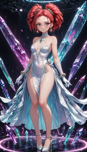 소녀는 엘리베이터에서 꺼내, 그녀의 긴 crimson 새틴 슬립 드레스는 그녀의 곡선을 강조하고 그녀의 발가락 다리를 보여줍니다. 그녀는 다이아몬드 스터드 이어링과 매칭 테니스 팔찌를 착용하고 전반적인 매력적인 모습을 추가합니다. 뚱 베어