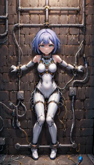 A girl, Magnetic Restraint Wall, A metal wall with magnetic cuffs, allowing participants to be "stuck" in various positions by moving the cuffs across the surface.