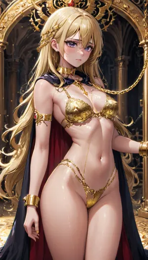 La jeune fille portait un soutien-gorge métallique en or avec des superpositions de chaînes complexes, un string en or assorti avec des bretelles latérales délicates et une laisse attachée à un collier en or décoratif. Son corps était orné d'une longue cape en tissu pur