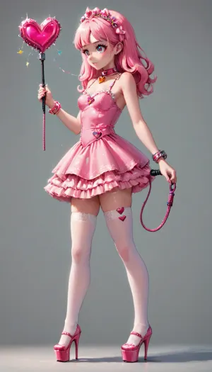 少女は、ピンクのサテン人形のドレスを着ています フレアスカート、白い太もハイストストッキング レーストップスと華やかなプラットフォームヒール。 ハンドキャップのブレスレットセット、ハートチャーム、ミニホイップダンシング