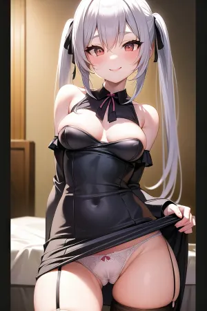 의 사진 여성 와 pigtails 과 흰색 머리 아래에 촬영, 표시 그녀의 스타킹 과 짧은 스커트. 그녀는 그녀의 얼굴에 미소를 가지고 카메라를 위해 구성, 그녀의 작은 가슴을 밝혀. 배경에서, 거기 있었다