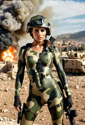 Una donna italiana di 25 anni, un ex cecchino dell'esercito, era nel mezzo di una scena di guerra moderna quando improvvisamente si trovò nel mezzo di una battaglia. Era nuda ma con il corpo pieno camouflage vernice e casco su