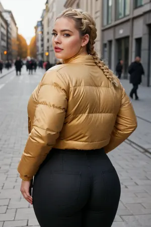 30 yaşında Tam bir vücut atışı olan Berlin kızı, sarışın braids, sıkı yüksek bel pantolonları, kıvrım figürleri, bbw yüzü ve büyük puffer ceketi, Berlin'deki sokaktan aşağıya doğru yürüyor