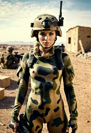 25yo woman, army sniper, naked but with full body camouflage body paint, modern warfare camouflage helmet, war zone action and artillery in background background, action scene, photorealistic, <lora:flat_chested_v3.5:.5>