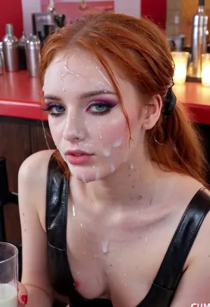 young 18 years old slender egirl sits at a bar table on nightclub, bored look, redhead, cute tall face, (bright egirl makeup:1.5), (telephone on the bar table), (sperm on the bar table and on the phone), (ruined makeup), (cafe), sitting in a cafe, at a table in a cafe, (cum on face:1.6), (cum on hair:1.3), (cum on cloth:1.3), bukkake, transparent cloth, <lora:JustCum:.5>, <lora:MS_Real_XL_Bukkake:.5>