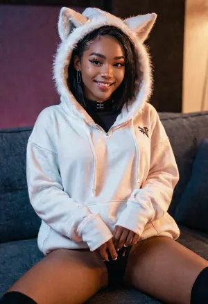 Uma jovem egirl preta esbelta de 18 anos de idade com seu rosto bonito e maquiagem egirl brilhante sentou-se no sofá com suas pernas espalhadas, mostrando sua buceta lisa. Ela tinha um sorriso de raposa na cara enquanto brincava com ela mesma,