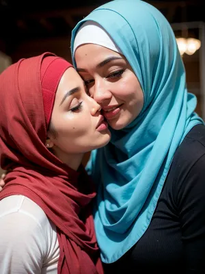 Due belle ragazze hijabi si baciano appassionatamente in un giardino con fiori e alberi