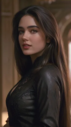 ИИ создал красивый портрет девушки с длинными волосами и улыбкой, со сверхдетальной текстурой кожи и размытым фоном