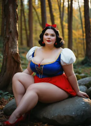 Das Foto von Snow White auf einem Stein im Wald sitzen mit ihrem Körper in einer verführerischen Pose ist ein sofortiger Favorit für Fans der AI-generierten Kunst