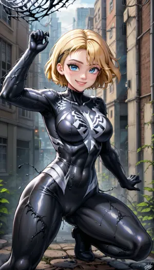Das Foto zeigt eine Frau mit langen Haaren und blauen Augen vor einem Mann mit kurzen Haaren und braunen Augen. Sie lächeln beide, und die Zunge der Frau bleibt leicht. Das Foto wurde mit Marvel Generation AI, 8k aufgenommen