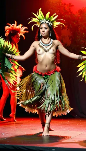 젊은 여성은 전통적인 폴리네시아 의상과 장식과 함께 그녀의 손에서 열린 잎과 깃털과 토플리스 댄스를 수행합니다. 댄서들은 잎과 깃털과 같은 천연 재료로 만든 헤드피스와 스커트를 착용합니다. 이름 *
