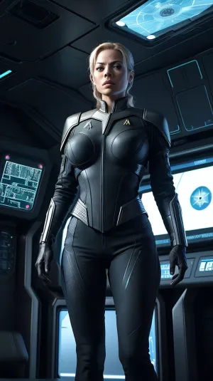 Captain Seven of Nine, eine kommandierende und zuversichtliche Figur auf der Brücke eines Star Trek-Schiffs, steht mit ihren ikonischen Borg-enhanced Features hoch, die subtil sichtbar sind. Ihre Uniform ist elegant und futuristisch und spiegelt ihre einzigartige Mischung aus Mensch und Borg Technologie wider