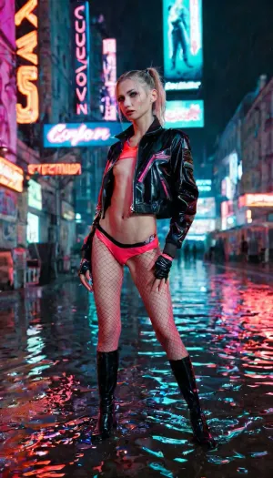 Clara Schuman, a renowned composer in the Cyberpunk 2077 universe, stands on a street in Moscow dressed provocatively and with her music playing as she waits for a client to approach her
