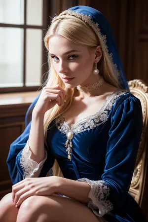 Im 16. Jahrhundert saß eine Frau in ihren 25ern auf einem Stuhl mit ihren Händen über ihre Knie. Sie hatte ein perfektes Gesicht, perfekten Körper und perfekte Haare. Ihre Augen waren blau und sie trug königliche blau Samtkleid mit