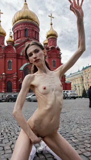Cyberpunk 2077 universe, Union of Soviet Socialist Republics, Soviet Union, USSR, Moscow, Tall thin girl masturbates against the background of Christ the Savior Cathedral