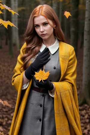 Im Herbstwald stand eine junge Frau mit langen Ingwerhaaren und grauen Augen vor einem vollen Körperbild von sich selbst. Sie trug eine gelbe und rote Blätter auf den Bäumen Pullover, mit halben Ärmeln Handschuhe, die ihre schlanken Arme offenbart. Ihr Haar war lang