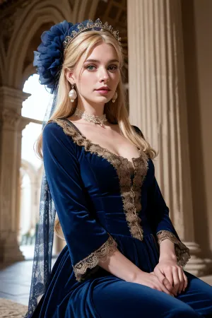 La donna di 25 anni nella foto indossa un vestito di velluto blu reale con un orecchino perla e camicia in pizzo. Ha caratteristiche facciali perfette, compresi i suoi occhi, che sono semichiusi e sembrano essere profonde nel pensiero