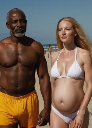 커플, 키 큰 근육 아프리카 남자와 그의 멋진 금발의 아내, 그들은 비키니가 여자의 그룹을 스럽힐 때 해변에 산책했다. 그들은 그들에 접근하고 그들이 그들의 bimbo 그룹 사진 촬영에 가입하려는 경우 물었다