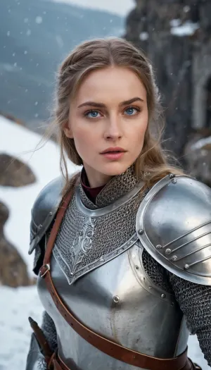 female knight, in helmet and chainmail, going into battle, swinging sword, German woman, blue eyes, light eyebrows, strong-willed face, in armor, medieval armor, holds sword on shoulder, strong-willed pose, looking into the distance, cold weather, there is snow and ice on the rocks, it is snowing, the weather is bad outside, Middle Ages, old stove, high quality photorealism, hyperrealism, super realism, photo as if alive, objects in the center are cut and sharp in focus, full hd, (best quality), masterpiece, highres, 8k wallpaper, UHD, (high quality), (ultra-detailed), 8K, (highest quality), (finely detail), (perfect illumination), (best shadow), (best shot), (best illumination), 