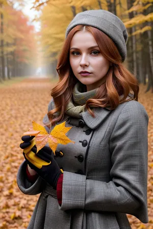 young woman, masterpiece, best quality, Fr3ckles, long hair, ginger hair, grey eyes, (freckles:.3), autumn forest, (yellow and red leaves on the trees), full body, ral-dissolve, v1ntag3gr3y, grey, with, half, sleeves, gloves, (holds a beautiful yellow maple leaf in his hand:1.2), <lora:age_slider_v20:1>, <lora:detail_slider_v4:.4>, <lora:v1ntag3gr3y:.9>