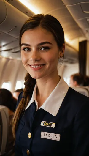 一个叫"SLUT"的21岁女子站在飞机上,脸上带着微笑,身着空姐制服,完美地拥抱她的曲线