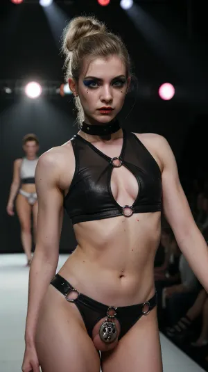 En la pasarela, un femboi con un aspecto intenso y una copa captó al público con sus abdominales tonificados