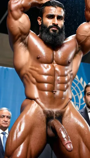 Shoaib Khan, 40岁,穆斯林男子,身体肌肉和大鸡巴,在联合国讲台上被拍照。 他的手很粗糙,皮肤很黑, 腹部和两头大肠裂开
