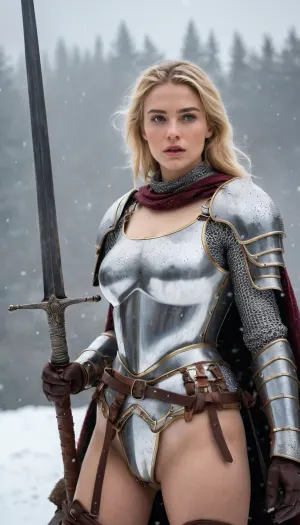 Draw a warrior woman, with blonde hair, small breasts, thin waist, narrow hips, she is wearing steel armor, but her breasts and crotch are open and visible to everyone, her nipples are sticking out from the cold, she is moaning, her skin is wet, she is embarrassed, her pussy is shiny, it is winter and it is snowing, it is cold, Full body wiew, female knight, in helmet and chainmail, going into battle, breast out, nipples top, swinging sword, German woman, blue eyes, light eyebrows, strong-willed face, in armor, medieval armor, holds sword on shoulder, strong-willed pose, looking into the distance, cold weather, there is snow and ice on the rocks, it is snowing, the weather is bad outside, Middle Ages, old stove, high quality photorealism, hyperrealism, super realism, photo as if alive, objects in the center are cut and sharp in focus, full hd, (best quality), masterpiece, highres, 8k wallpaper, UHD, (high quality), (ultra-detailed), 8K, (highest quality), (finely detail), (perfect illumination), (best shadow), (best shot), (best illumination), 