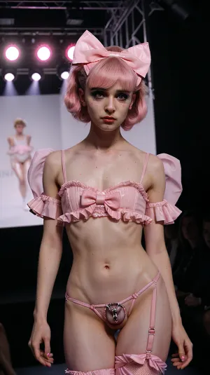 Seyirci, her adımla birlikte klan eden bir grup chastity kafesleri tarafından takip edilen femboi modeli olarak beklentide oturdu. Yoğun bakış açısı onun eğrileri üzerinde parladı ve daha da kadınsı görünmesini sağladı. She She She She She