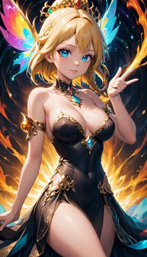 画面是带有金色和红色饰品的风格化动画人物. 她有着惊人的蓝色眼睛 穿着黑色的裙子 上面有复杂的金色细节 她的姿势优雅,一只手躺在胸前,另一只手向上指向一个