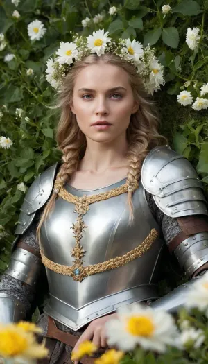 Draw a woman in knight's armor surrounded by flowers. She looks to the side, she has a strong Nordic face with a steely gaze, and her hair is light and braided. She holds a sword in her hands, as if demonstrating it, she is calm, nothing worries her, she radiates confidence, as if she has won a thousand battles. She has a wreath of wild flowers on her head, interspersed with greenery, large flowers and buds also appear around her body, as if framing her body. The armor and armor sparkle in the sun, reflecting it as if through a haze, as if it is spring outside and everything is blooming. She seems to have stepped off the canvas of a great artist who captured her at the moment of triumph. A golden glow emanates from her head, she lies on a carpet of flowers, the entire background is flowers, light curls, the shiny blade of the sword is entwined with a liana